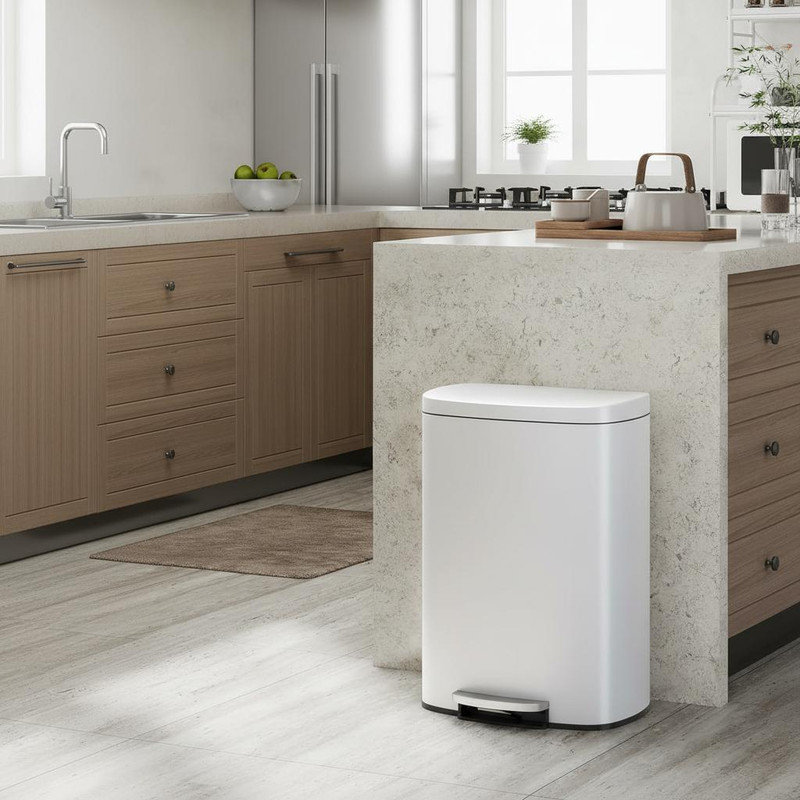 Stainless Steel Step On Kitchen Rubbish Bin, White