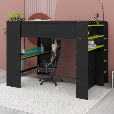 Full Size Gaming Loft Bed With Desk, Wardrobe, LED Light,  Height-Adjustable Desk