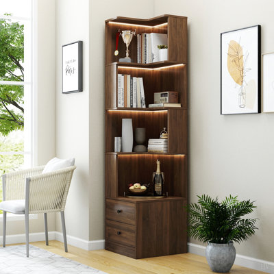 Bibliothèque d'angle avec tiroirs, bibliothèque d'angle à 4 niveaux avec déflecteur, présentoir autoportant en forme de L avec lumières à DEL pour le bureau à domicile, le salon, la chambre à coucher et la cuisine