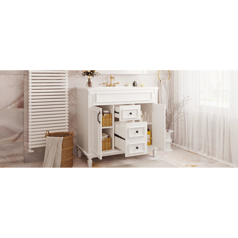Meuble-lavabo blanc 36 po avec lavabo - armoire moderne 2 portes et tiroirs à fermeture douce Meuble de rangement en céramique spacieux et élégant