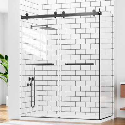 Porte de douche coulissante double sans cadre en verre, 122 cm (L) x 81 cm (P) x 193 cm (H), verre trempé SGCC 9,5 mm et 7,9 mm, double revêtement nano, conception en L, étanche (receveur de douche non inclus), noir