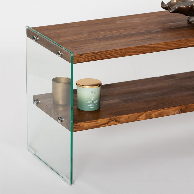 Modern TV Stand with 100% Tempered Glass & 100% Solid Wood Frame, 55.1 x 17.7 x 13.8 inches | Natural Brown Color, Elegant Design | Disassembled for Easy Assembly, Perfect for Living Room Decor