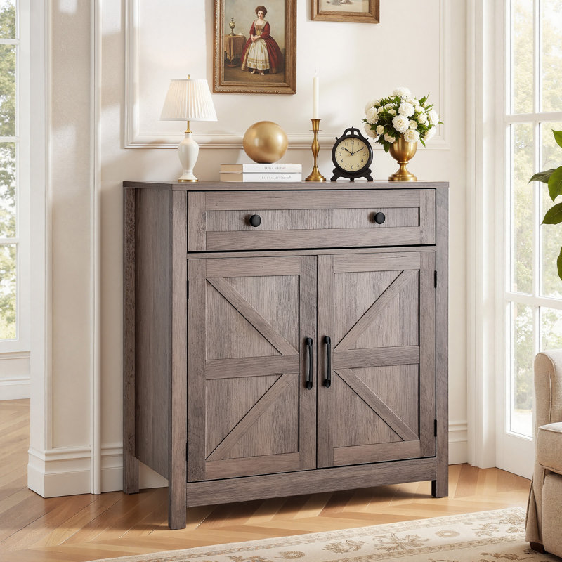 Coffee Bar Cabinet, Farmhouse Coffee Bar Table with Drawer, Buffet Stand Cabinet with 2 Barn Doors, Sideboard Buffet Station for Living Room, Entryway, Kitchen, 29.5 x 14.7 x 31.5 in, Grey