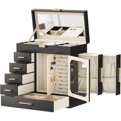 Large Capacity Jewelry Box with Glass Window – Black & Gold Velvet Lined Jewelry Organizer for Necklaces, Earrings & Rings