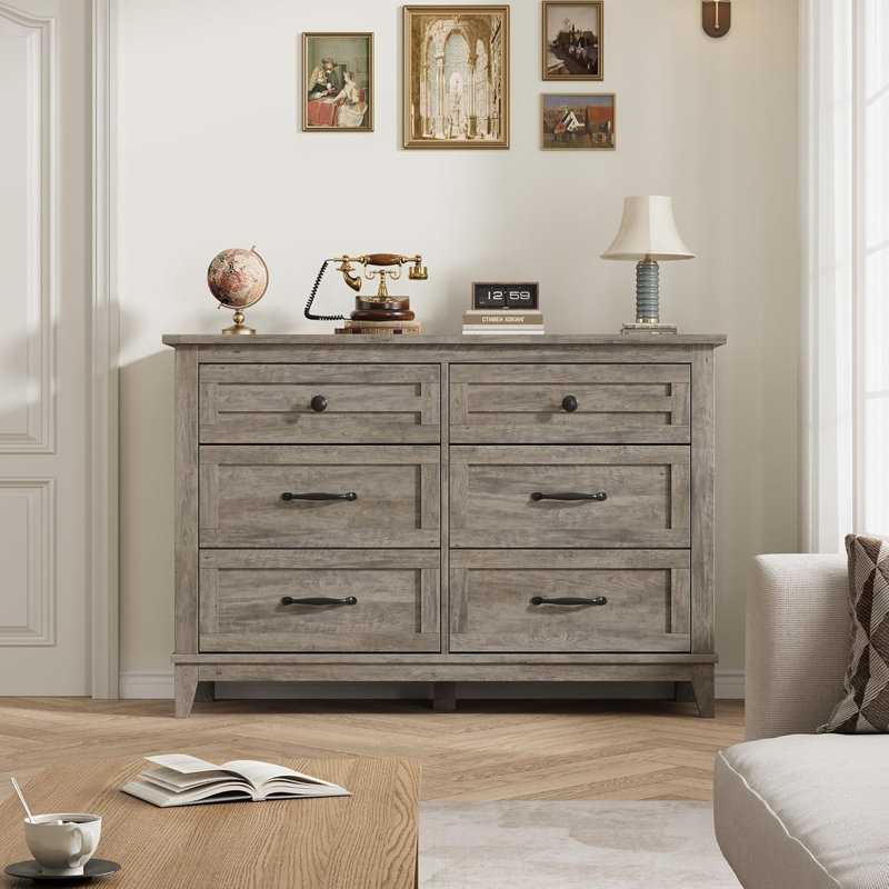6-Drawer Dresser, 47 inch Wide Wooden Chest of Drawers, Freest and ing Storage Cabinet for Bedroom Closet, Living Room, Gray