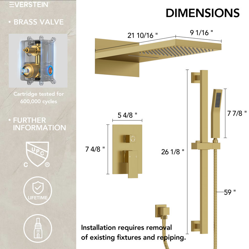 Pressure-Balanced Wall Mounted Shower System, 22" Waterfall & Rainfall Shower Head with Slide Bar Handheld Shower