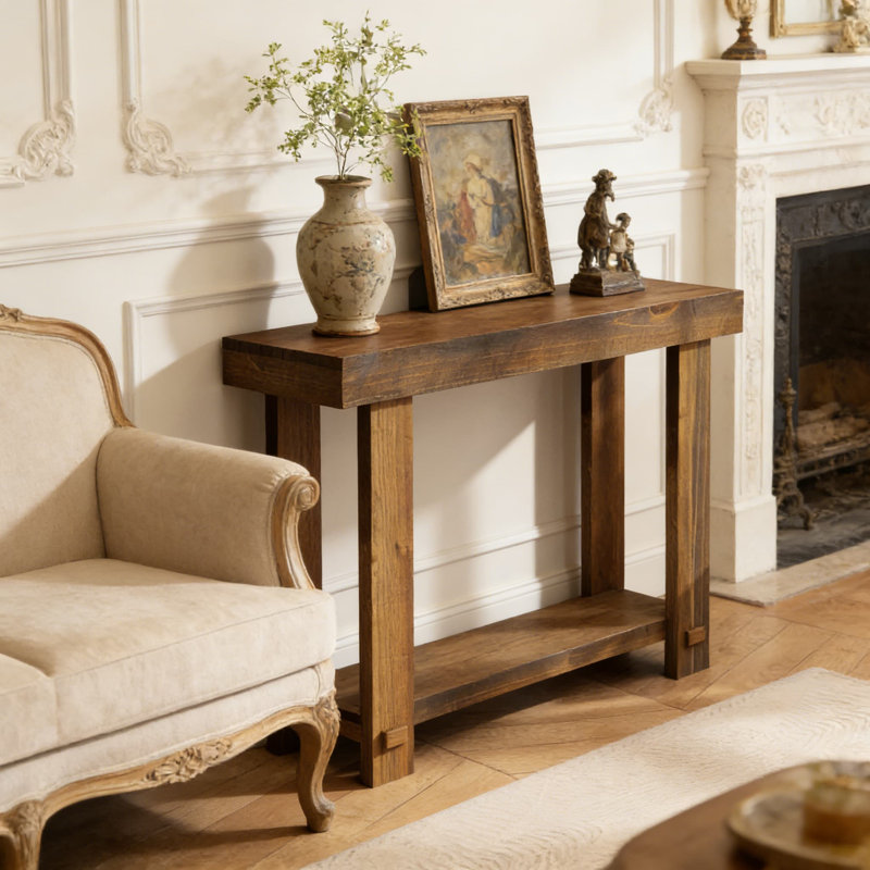 Console rustique en bois massif, table d'entrée rustique avec plateau épais et pieds robustes pour le salon, le couloir, le canapé ou le vestibule