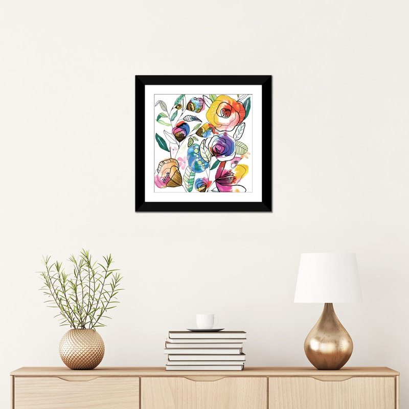 « coloured fleurs », reproduction sur toile, H 16 po x l 16 po x P 1 po, Papier beaux-arts encadré noir, Blanc