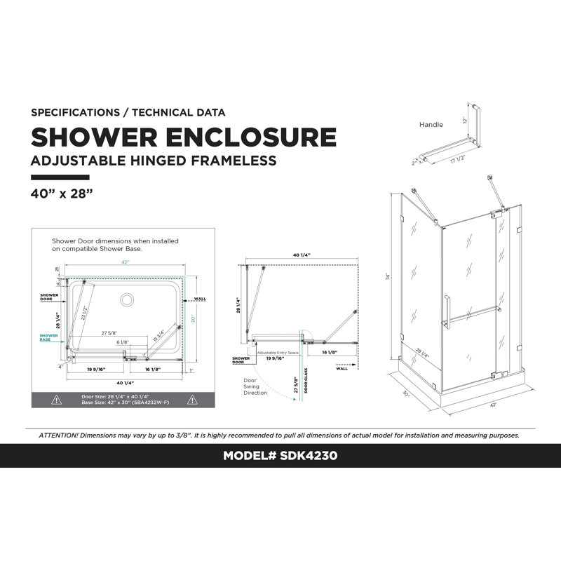 Frameless Shower Enclosure Hinged Tempered Glass - 40" W x 28" D x 74" H, Satin Brass