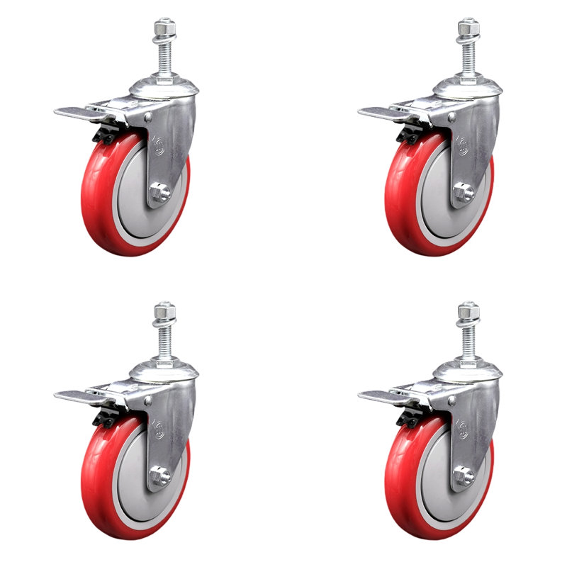 Ensemble de roulettes à tige pivotante en polyuréthane 5 pouces 10 mm avec frein à verrouillage total, Rouge
