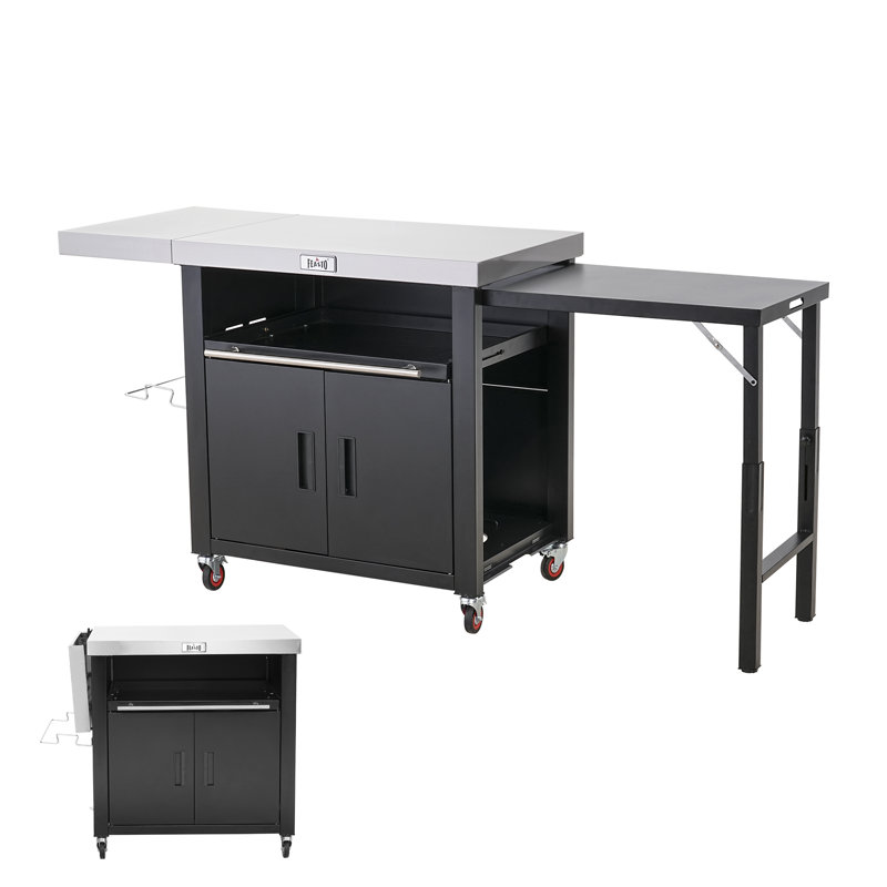 Chariot de table en acier inoxydable Feasto Outdoor Kitchen Series avec 2 tables d'appoint pliables, partie de barbecue mobile avec plaque coulissante, chariot de barbecue pour terrasse