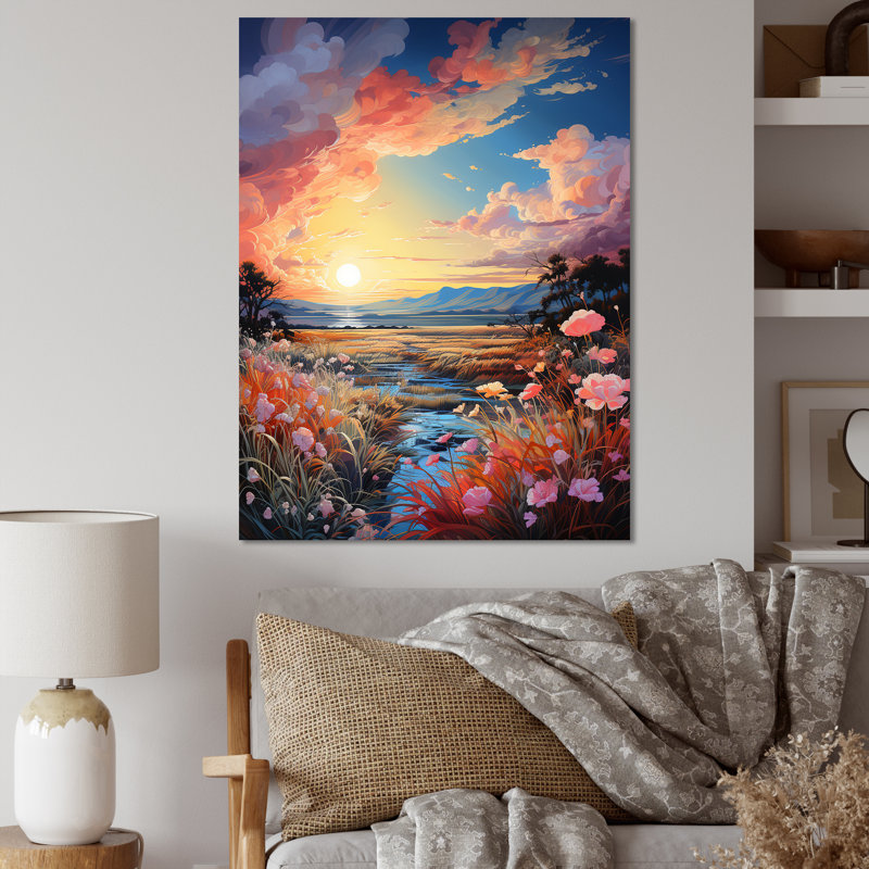Nuage coucher de soleil encre liquide paysage III - nuages art mural salon, H 32 po x l 16 po x P 1 po, Toile tendue