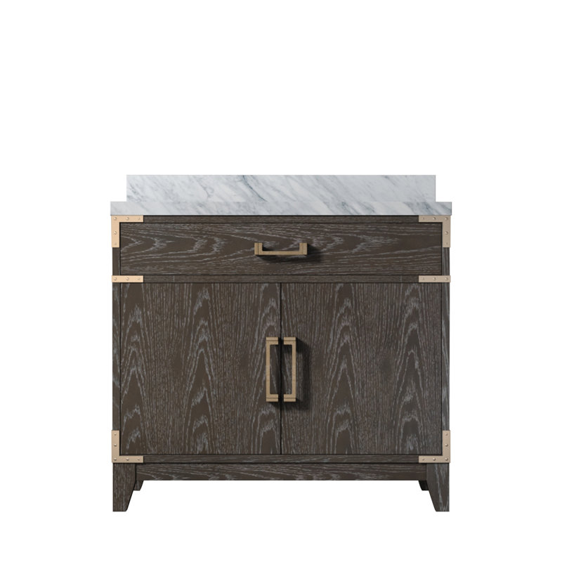 Single Bath Vanity with Marble Top, Brown Oak