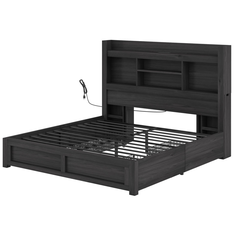 Sherell Queen Size Bed Frame with 4 Storage Drawers,Black, Black, Queen