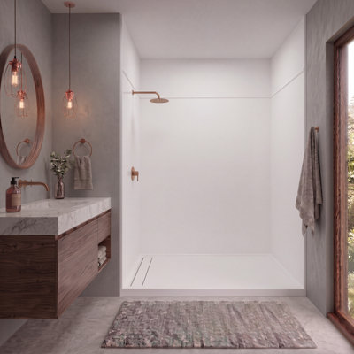 Expressions Solid Surface 60" W x 60" D x 96" H 6-Piece Trimmable Shower Wall Panel Kit, 72" Wall with 24" Extension, White