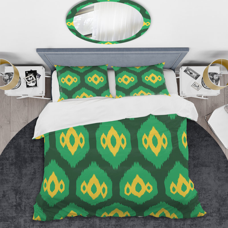 Vert et jaune Ikat Ogee - Ensemble de housse de couette abstrait - Microfibre de polyester