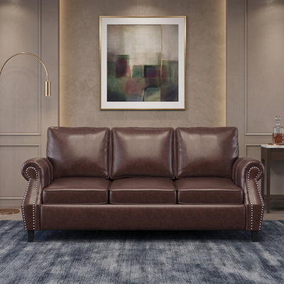 80" Dark Brown Faux Leather 3-Seater Sofa with Rolled Arms and Nailhead Trim