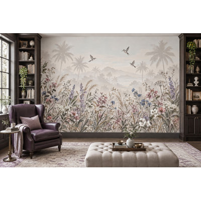 Pastel Wildflowers Wallpaper Misty Mountains Wall Mural