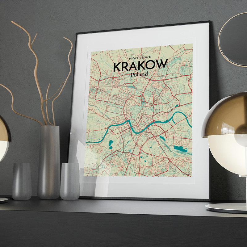 «Krakow City Map», impression de luxe, Vert / beige, H 20 po x l 16 po