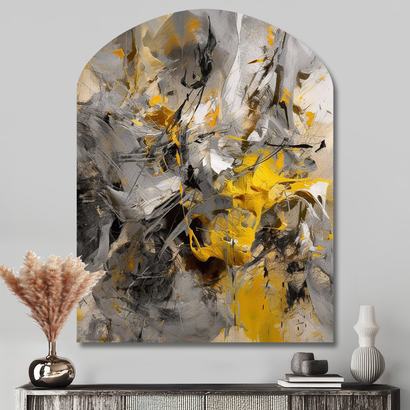 Moutarde jaune et gris vif III - art abstrait en forme d'arche abstraite, H 43 po x l 33 po