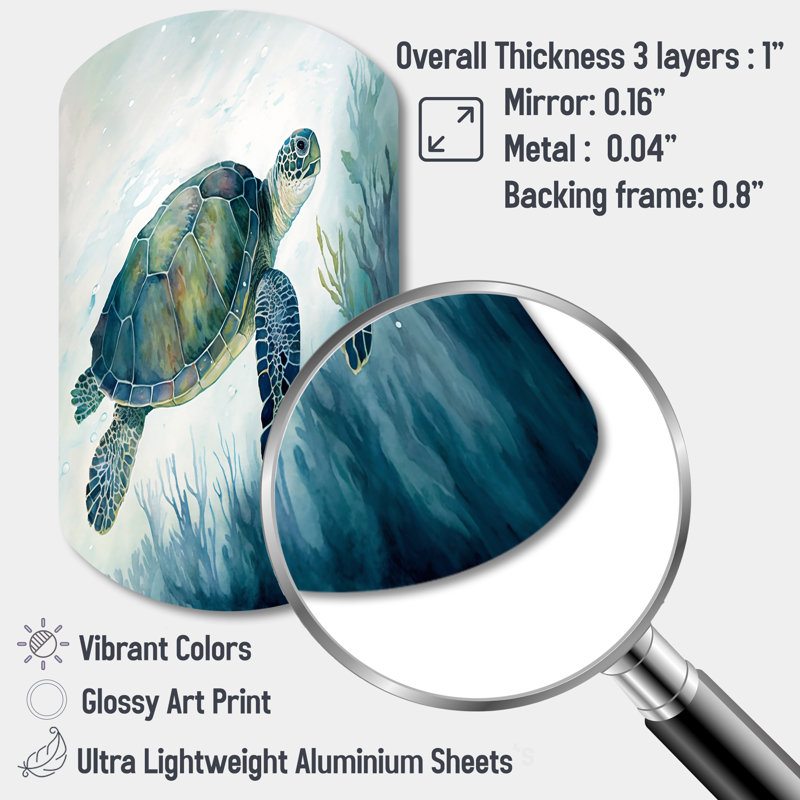 Aquarelle tortue nageant III - animaux tortue en forme de cylindre, art mural métallique asymétrique, H 43 po x l 23 po