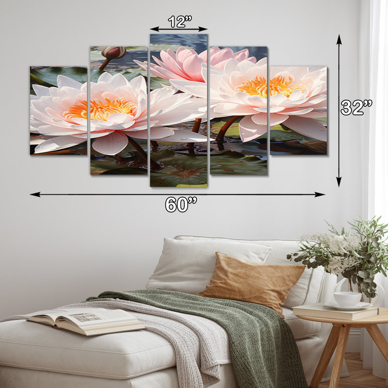 «Pink Yellow Lotus Lotus Serenity - Floral Wall Art Living Room - 5 Panels