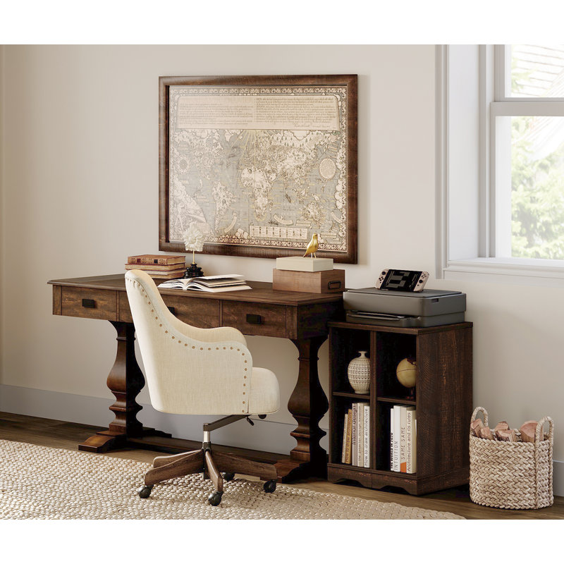 60-Inch Vintage Style Home Office Desk With 2 Storage End Tables With Open Shelving, Brown/Dark Brown