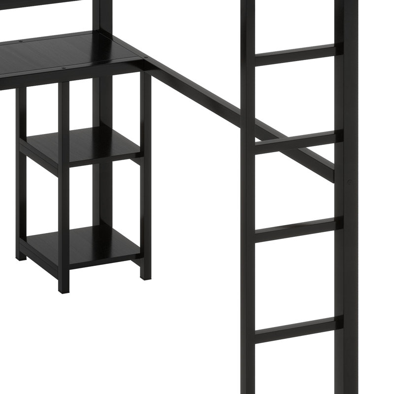 Metal Loft Bed Frame With Built-In Wardrobe, Desk And Storage Shelves, Black, Queen
