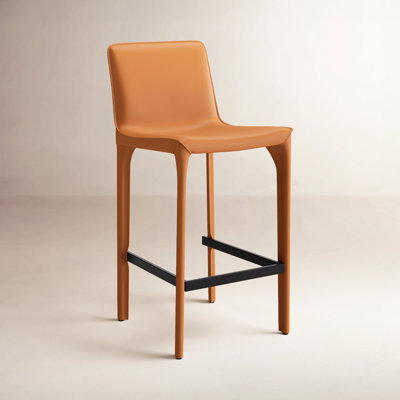 Full Assembled 26"H Counter Stool, Saddle Leather Upholstered Bar Stool With Padded Seat, Counter Height Barstool With Metal Frame Footrest For Kitchen Island Bar Counter, Orange