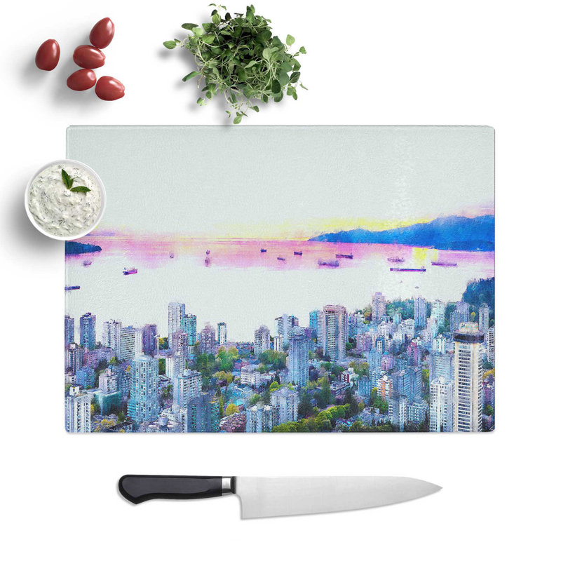 Tempered Glass Vancouver Canada Skyline Painting Chopping Board, 28.5 cm x 39 cm