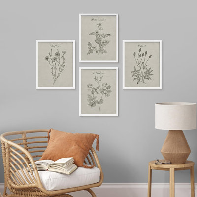 Reproduction encadrée vintage de 4 fleurs sauvages