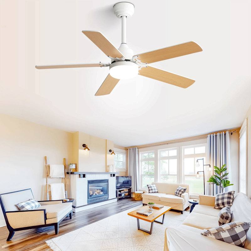 42 Inch Modern Ceiling Fan With LED Light 5 Blades Remote Control Reversible DC Motor Black For Bedroom, White, Natural Wood
