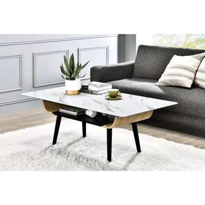 Table basse: 47 po avec texture en marbre de verre et pieds en bois cintré, table blanche, conception, pieds réglables, rangement