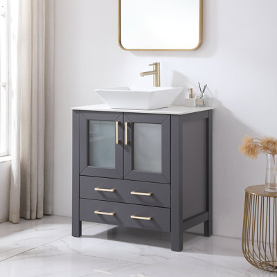 Meuble-lavabo autoportant simple 30 po gris foncé avec plateau en céramique