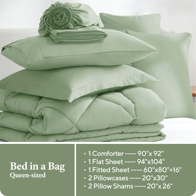 7-Piece Comforter Set, Microfiber, All Season Bed in a Bag – Sage, Queen, Queen Comforter + 6 Additional Pieces, Sage Green