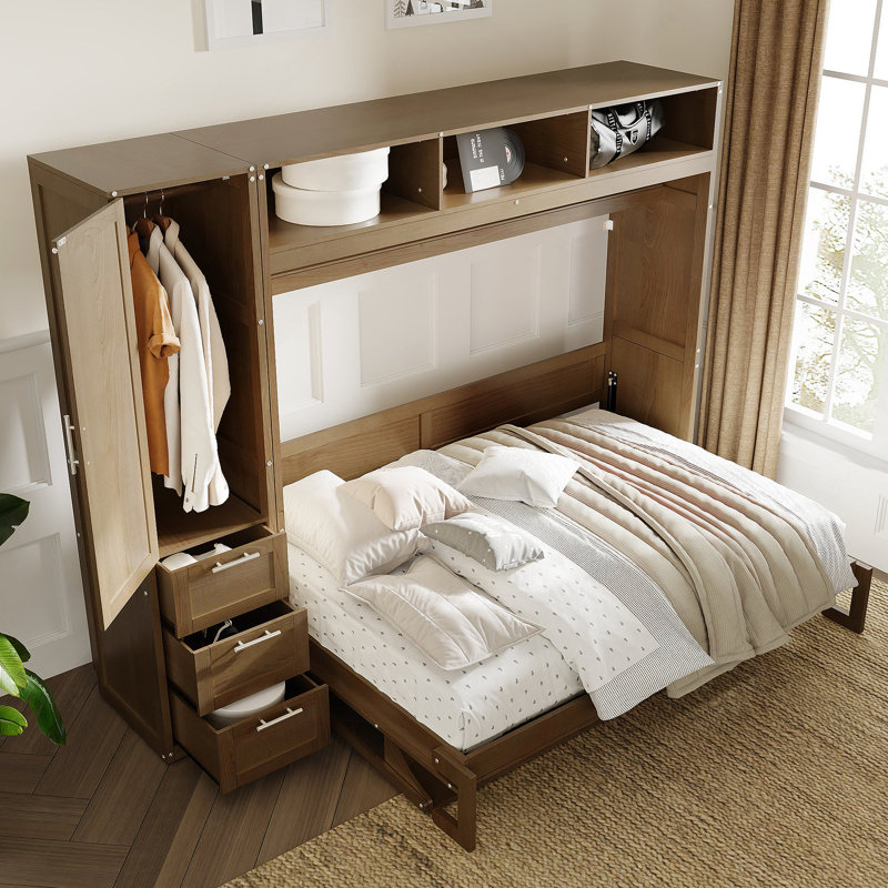 Lit escamotable double avec garde-robe, tiroirs et tablettes ouvertes