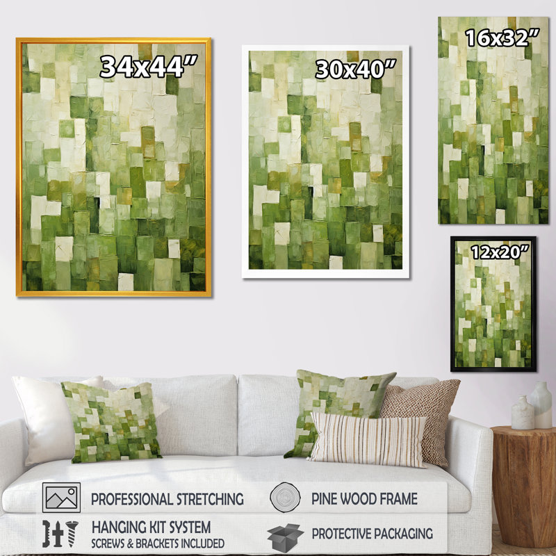 «Abstract Green Tiles Incubism», art mural abstrait, Cadre photo noir simple, H 20 po x l 12 po x P 1 po