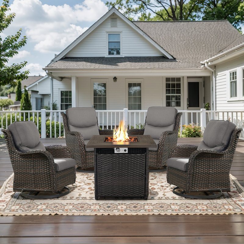 Koba 5-Piece Outdoor Conversation Set – Swivel Rocking Chairs with Fire Pit Table, Brown, Gray