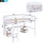 Lit mezzanine double avec bureau, armoires, tiroirs et plateau de chevet, station de charge, blanc