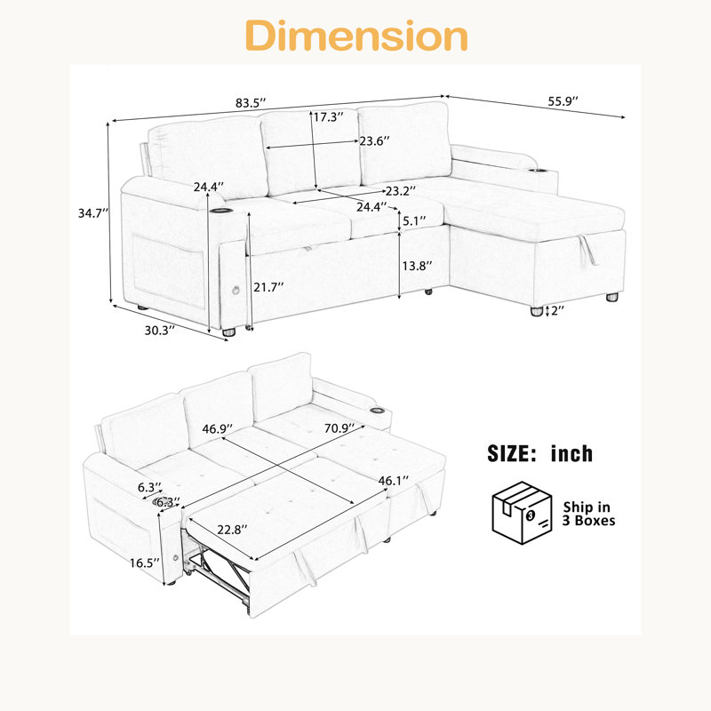 Canapé modulaire de 83,5 po avec canapé en L et canapé-lit modulaire avec grand espace de rangement, deux porte-gobelets et deux ports USB pour le salon