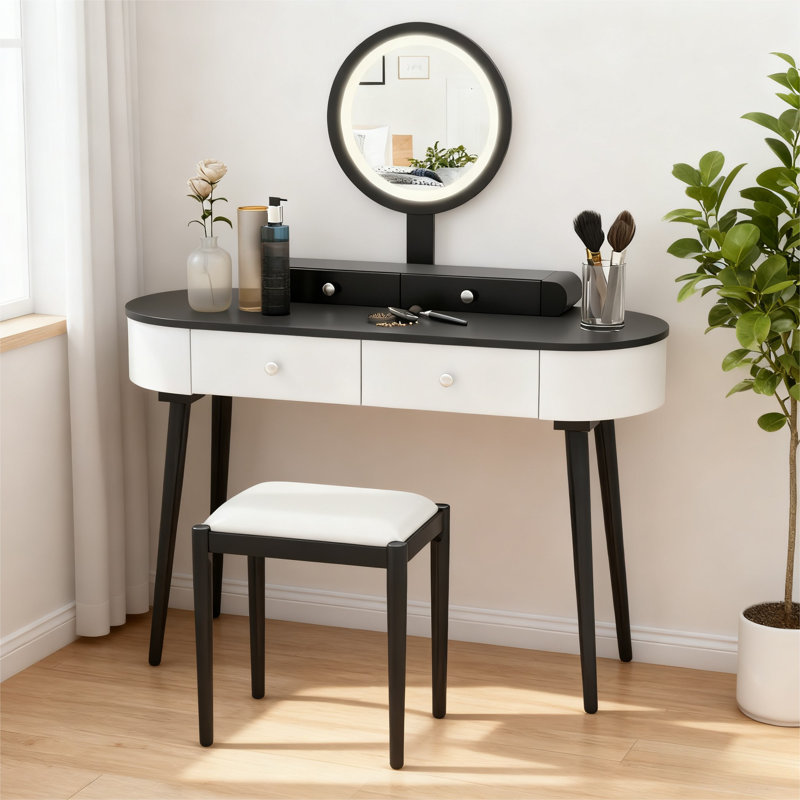 Ensemble de coiffeuse avec miroir à DEL, 3 pansements réglables avec interrupteur tactile, 4 tiroirs, tabouret rembourré