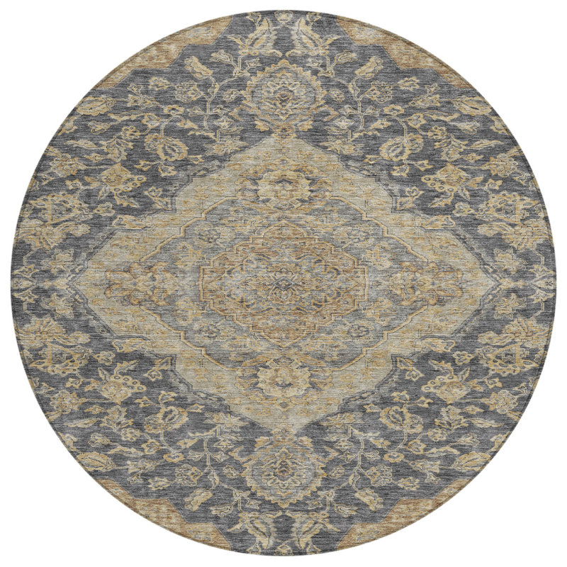 Tapis rond lavable intérieur gris anthracite et brun 8 pi
