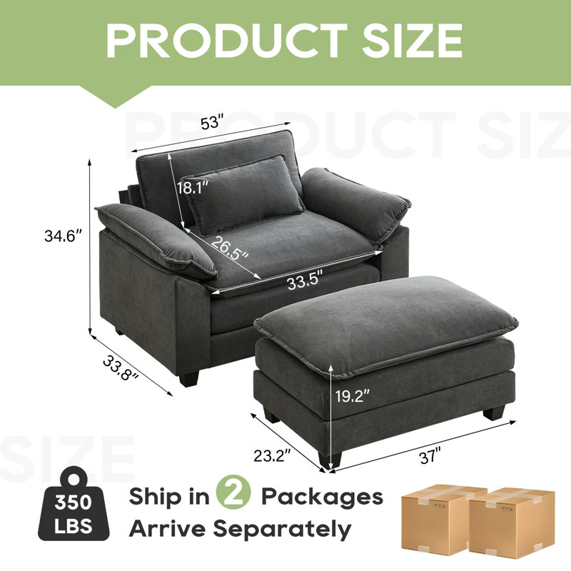 Adonia Arale 53'' Wide Comfy Cloud Couch Single Sofa Chair with Ottoman, Dark Gray
