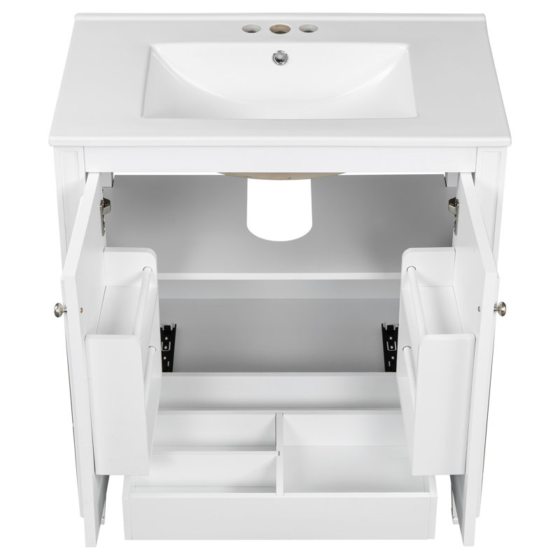 Lavabo de salle de bain 30 po, allure rétro, rangement fonctionnel blanc avec portes et tiroir, lavabo en bois véritable, trous de robinet pré-percés esthétiques, tablette réglable, construction
