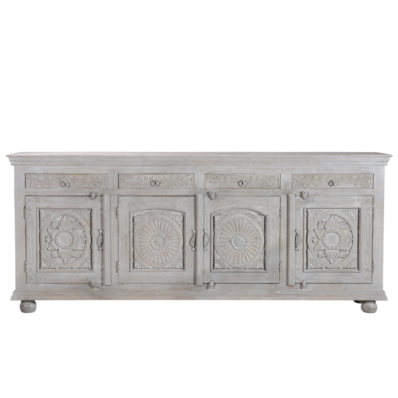 Buffet en bois massif sculpté Harleen, Gris, L 102 po