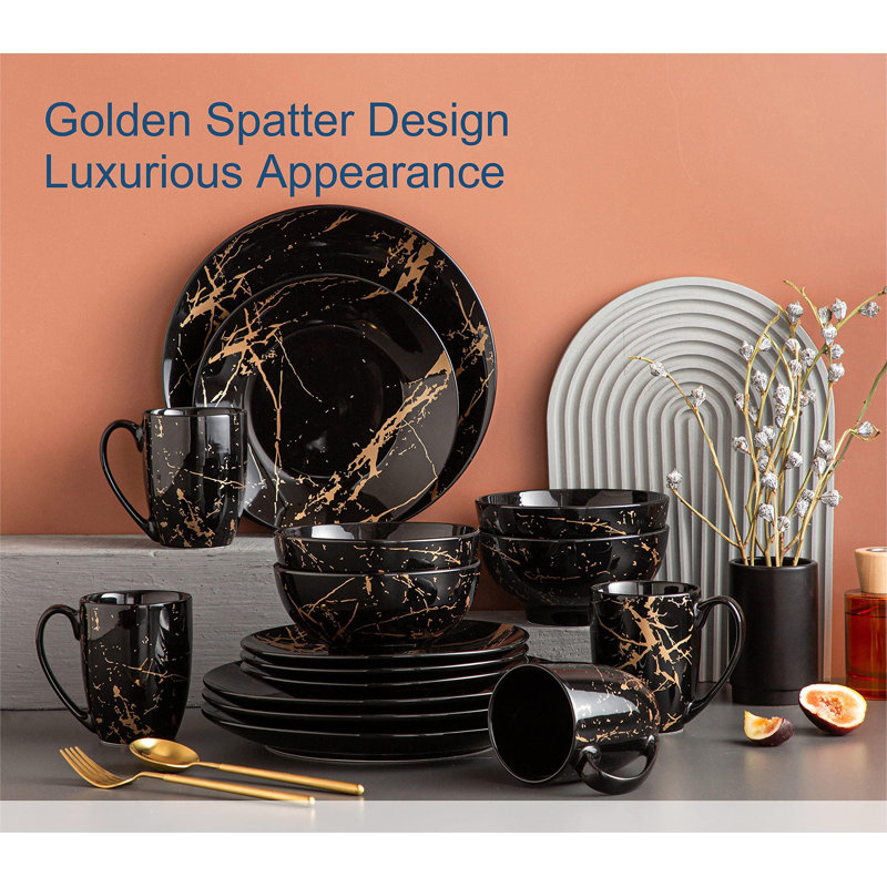 Black and Gold Splash Porcelain 16-Piece Dinnerware Set