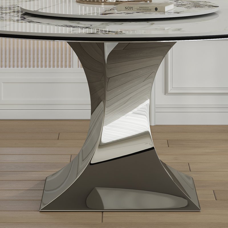 59" Round Sintered Stone Dining Table + 8 PU Leather Chairs Set – Marble-Look Kitchen Table with Stainless Steel Titanium Base, Scratch & Heat Resistant Surface, Modern Dining Set for 6-8 People