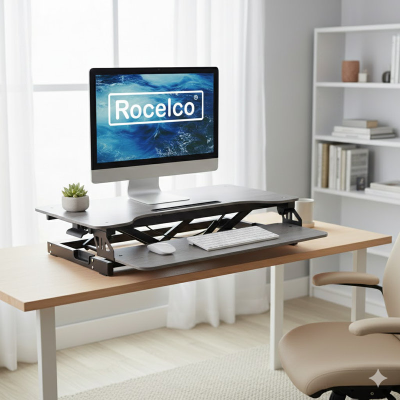  31.5 in. Gray Standing Desk Converter Dual Monitor Riser with Tablet Mount and Deep Keyboard Tray for Laptop Setup