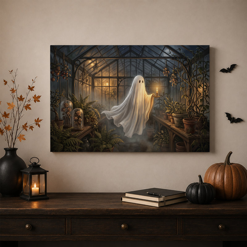Toile fantôme tenant une bougie dans une serre en verre au clair de lune, art mural d'Halloween, 20"H x 30"W