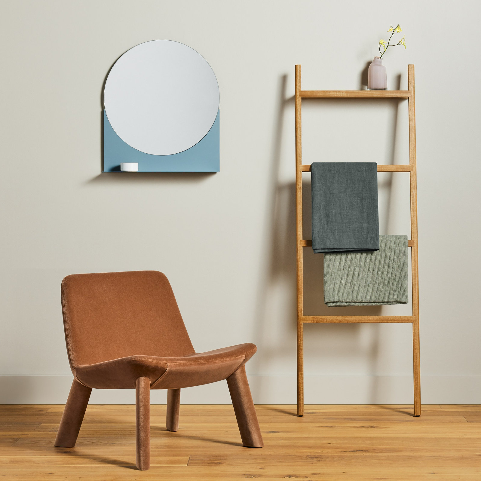 Glance Metal Wall Mirror with Shelves, Gray Blue